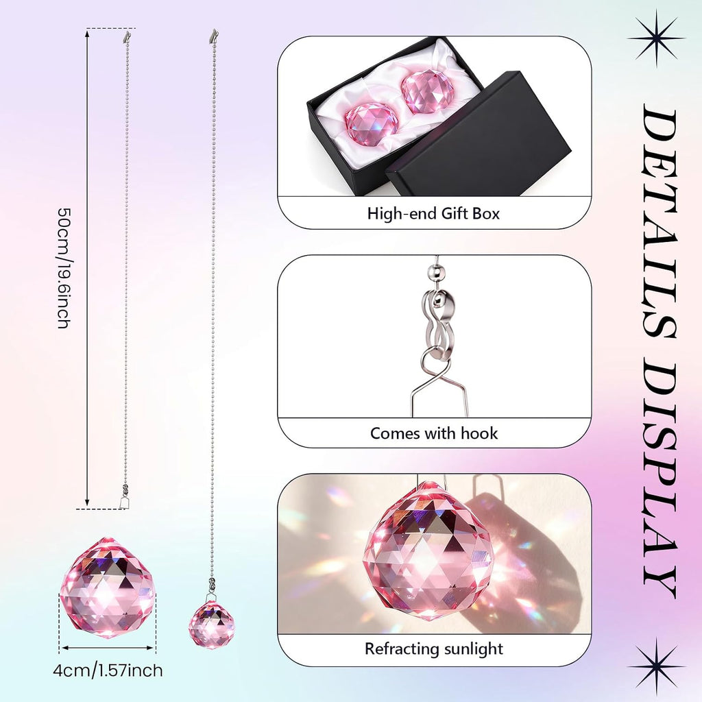 2 Pcs Crystal Prism Ball 40 mm Suncatcher with Chain Hanging Rainbow Pendants Prism for Windows Gift Feng Shui(Pink)
