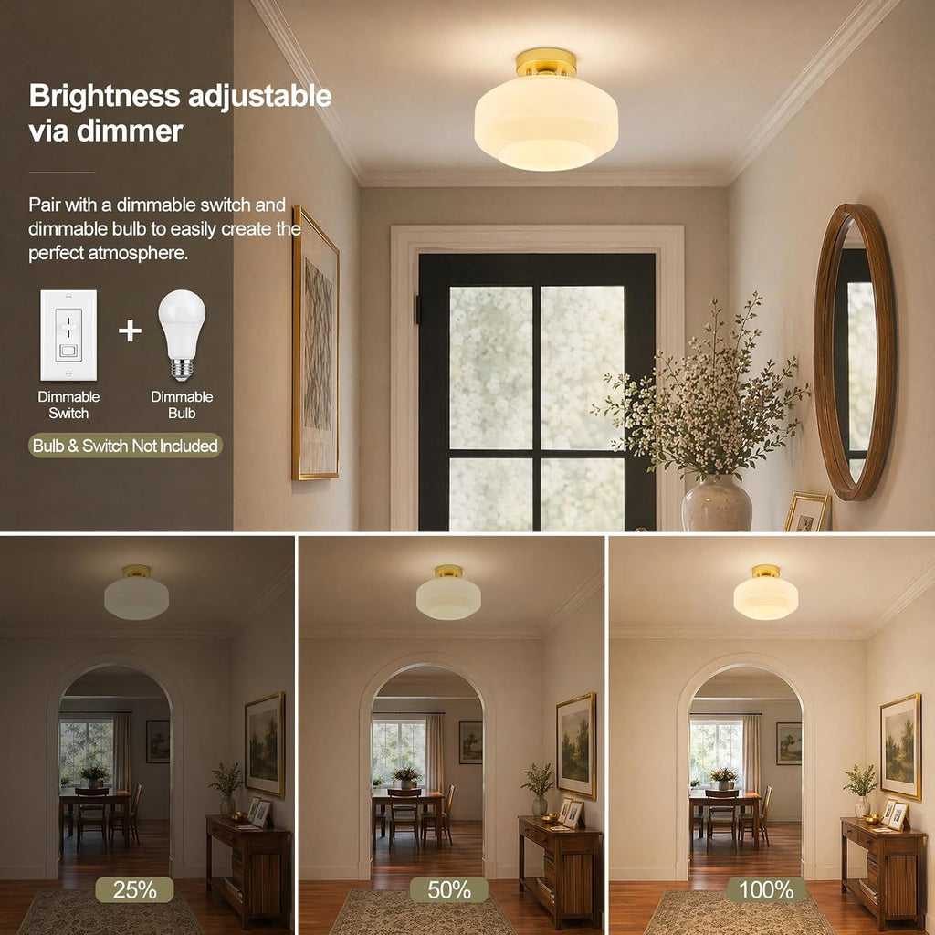 Mid-Century Modern Ceiling Light, Gold, 11.02 in, E26 | Milky White Glass Shade Light Fixture, Ceramic Socket