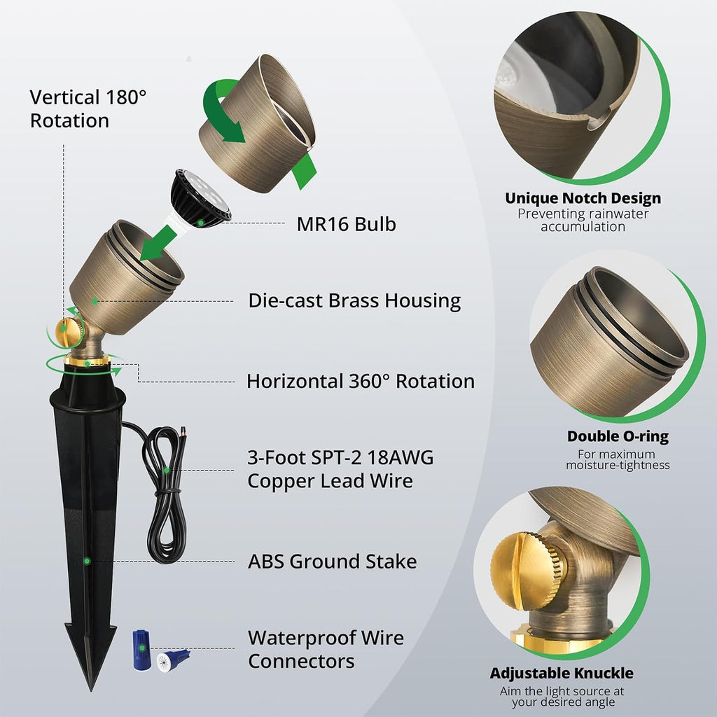 Solid Brass Low Voltage Compact Spotlight, 12V AC/DC Waterproof Outdoor Landscape Spot Lights Trees Garden Yard Lawn