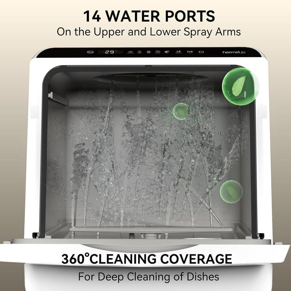 Portable Countertop Dishwashes, 5 Washing Programs Mini Dishwasher with 5-Liter Built-in Water Tank for Apartments & RVs, Tabletop Dishwasher with LED Light & Glass Door, No Hookup Needed