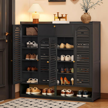 Shoe Cabinet with Louvered Doors, Freestanding Entryway Shoe Storage Cabinet with Drawer & Open Compartment, Modern