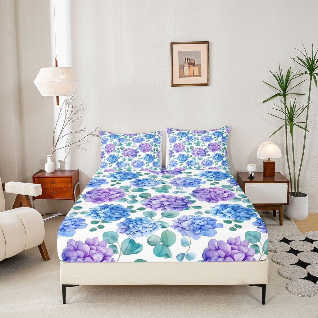 Hydrangea Eucalyptus Sheet Set King Eucalyptus Leaves Bed Sheets Set, Watercolor Floral Print Flat Fitted Sheet with