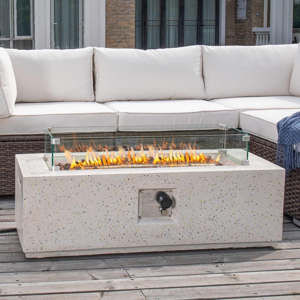 Outdoor Propane Fire Pit Coffee Table, 42-inch x 13-inch Terrazzo Rectangle Base Patio Heater w Certified