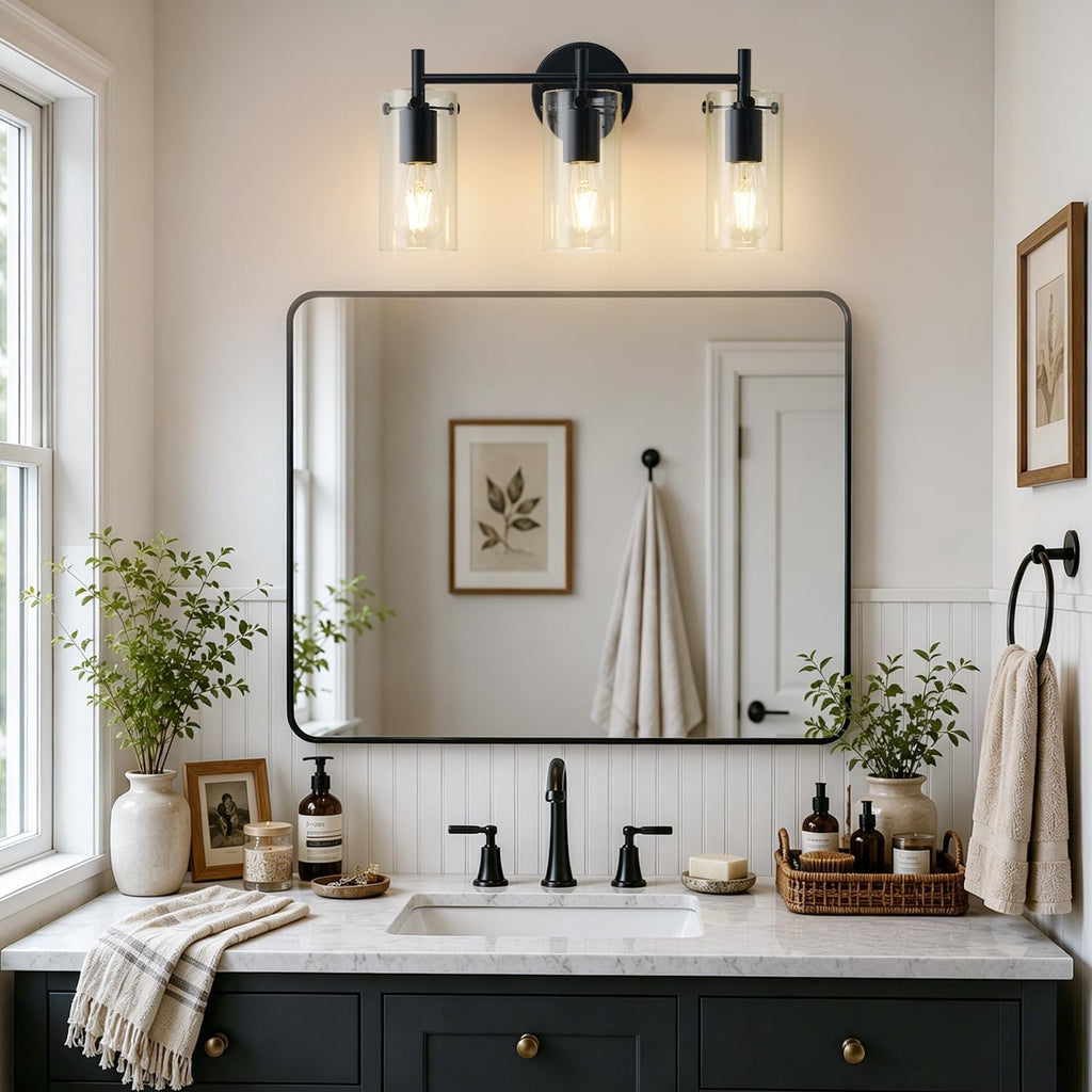 Bathroom Light Fixtures, 3-Light Matte Black Vanity Light, Black Bathroom Lights Over Mirror with Clear Glass Shade
