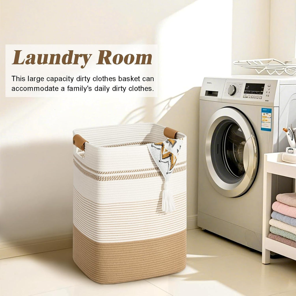 Laundry Hamper, 85L Tall Laundry Basket with Leather Handles, Rectangle Large Clothes Hamper for Organizing, Cotton