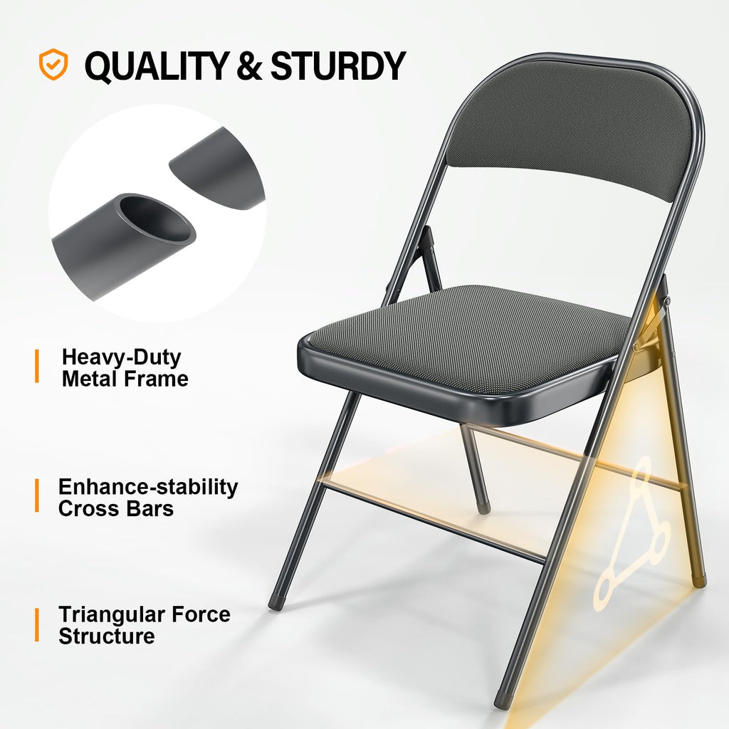 10 Pack Folding Chairs with Padded Seats, Metal Frame with Fabric Seat & Back, Capacity 350 lbs, Gray, Set of 10