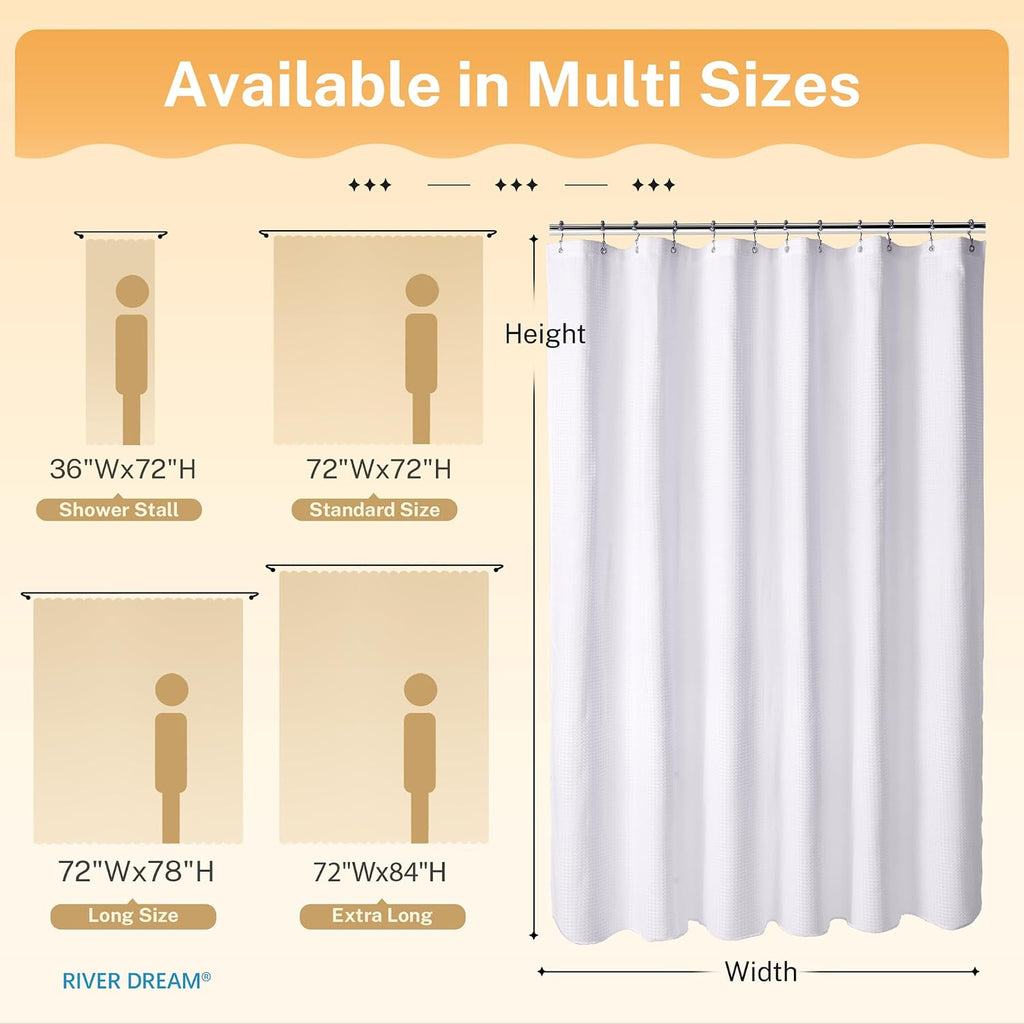 Waffle 3 in 1 Shower Curtain Set, White Fabric Shower Curtain and Clear Liner Set with Double Sided Hooks