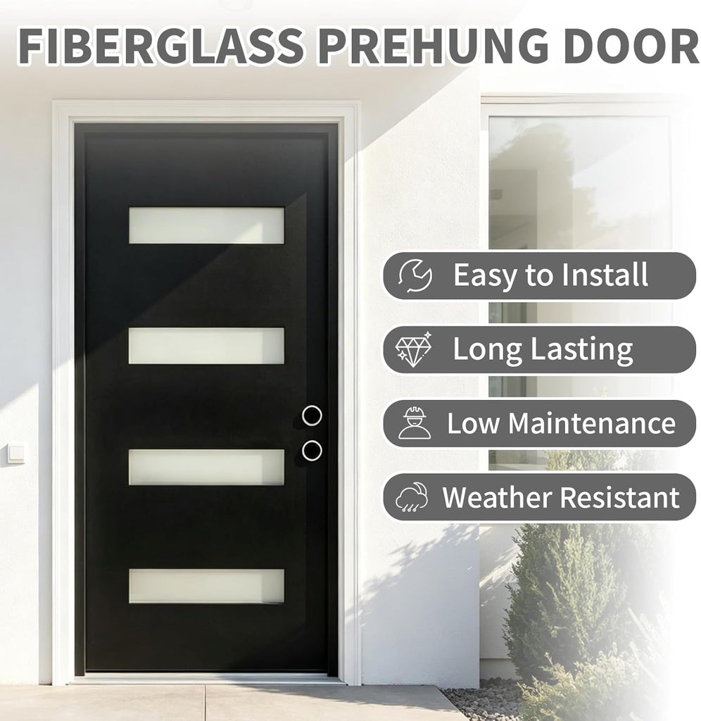 36" x 80" Exterior Fiberglass Front Door for Home, Prehung Entry Door with 4 Lite Glass Panels, Modern Design, Left