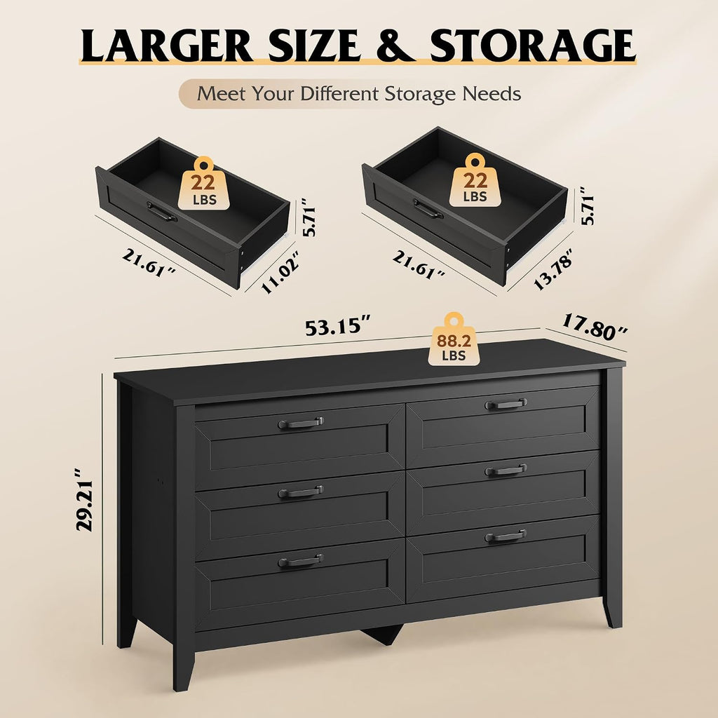 Black Dresser 6 Drawers , Wood Dresser TV Stand for 55" TV | SGS-Tested Large Wooden Chest of Drawers with Metal