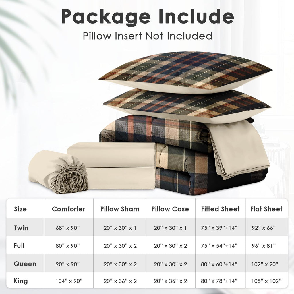 Comforter Set, 5 Pieces Plaid Tartan Bedding Set