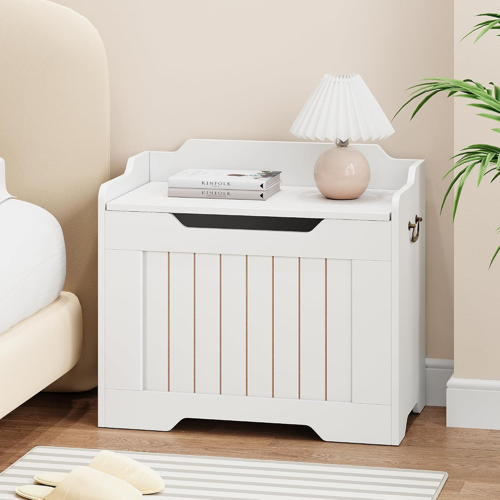 Storage Bench, 24.8" Storage Chest with Lid, Farmhouse Blanket Chest with Safety Hinge,Storage Trunk , White