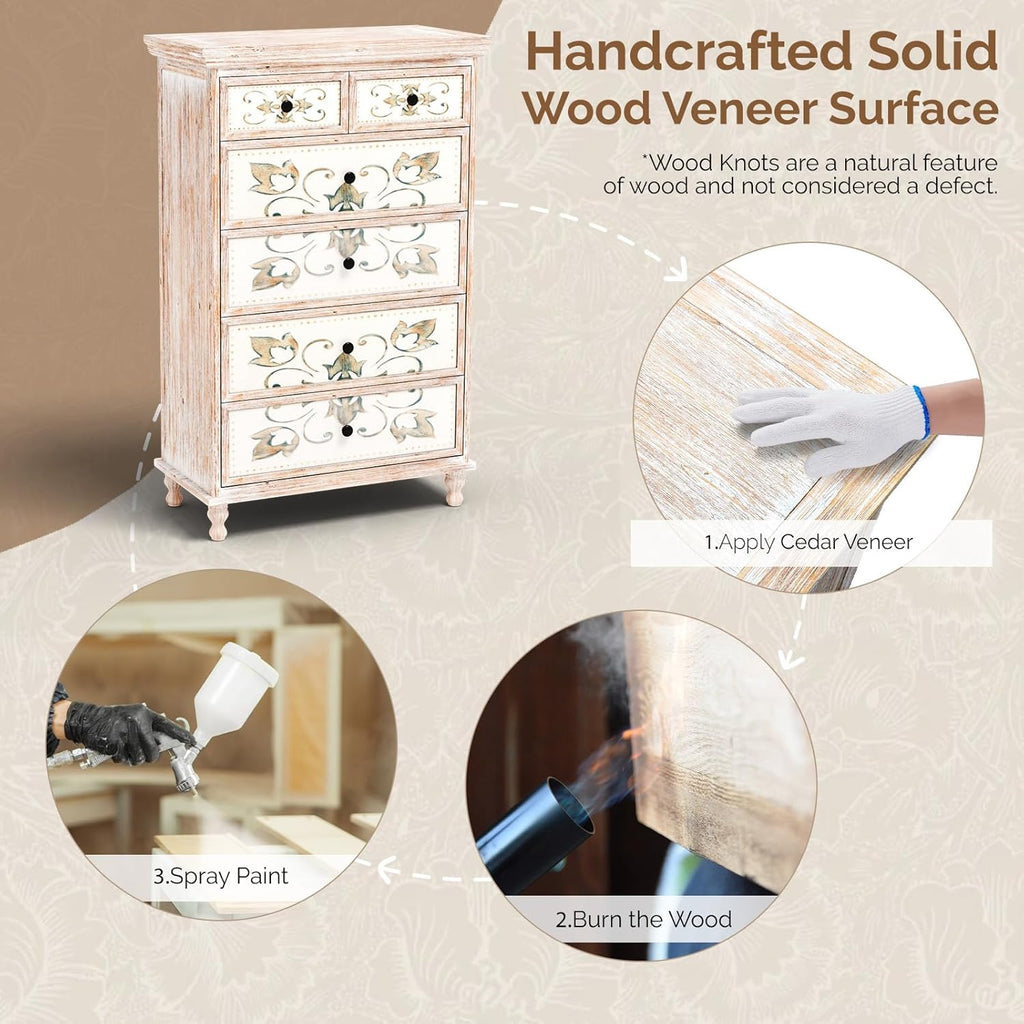 Dresser Wood Chest of Drawers , Tall Dresser 6 Drawer Chest Boho, Wooden Dressers with Drawers and Solid Wood Legs