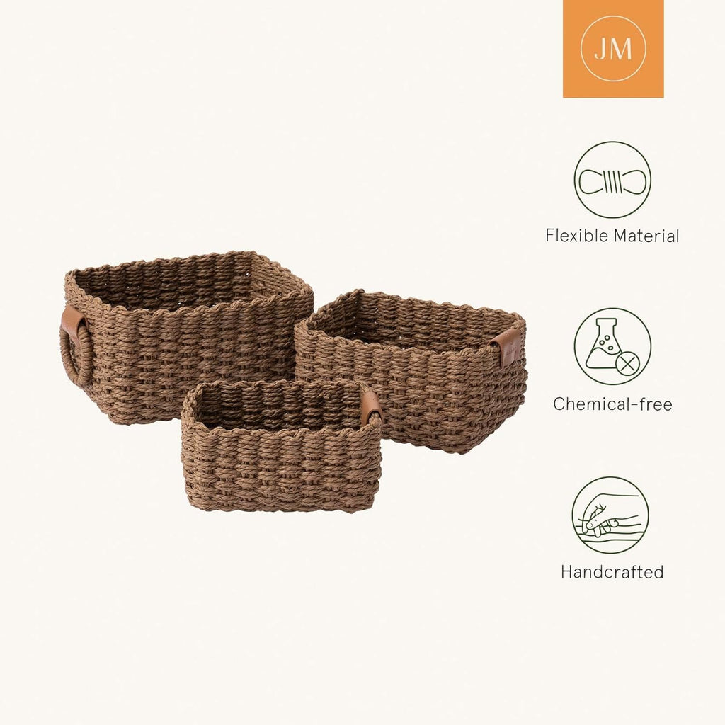 Small Wicker Baskets for Organizing, Brown 3 Pack | Decorative Organizer with Vegan Leather Tag, Round Handle