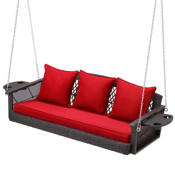 3 Seat Hanging Porch Swing with Cup Holder, Wicker Patio Swing Chair