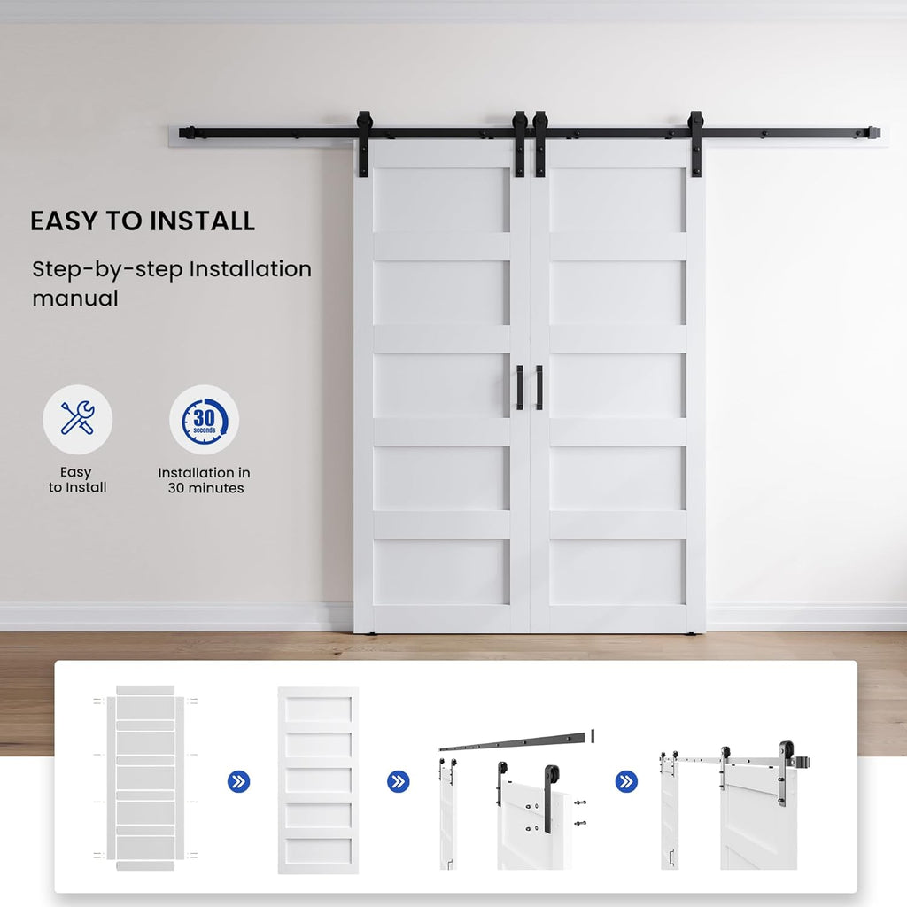 64in x 84in (Double 32x84 Door) White Barn Door with 11FT Sliding Door Hardware Track Kit Included, 