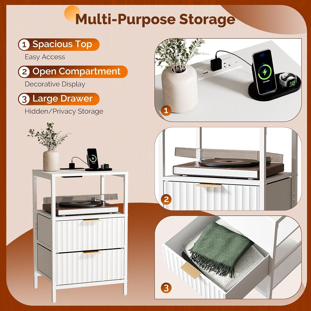White Nightstands Set of 2 with Fabric Drawers, Fluted Nightstand with Charging Station, Night Stand Set 2 White Side