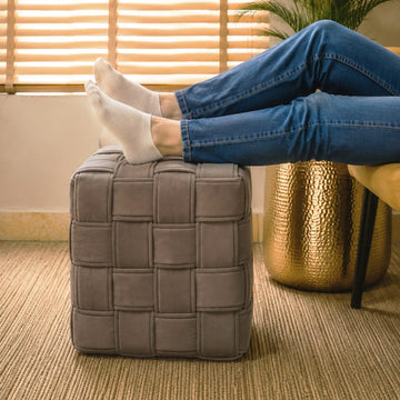 Square Velvet Basketweave Pouf Ottoman, 17" x 17" x 17" - Rigid EPS Foam Filled Footrest, Ottoman & Accent Chair
