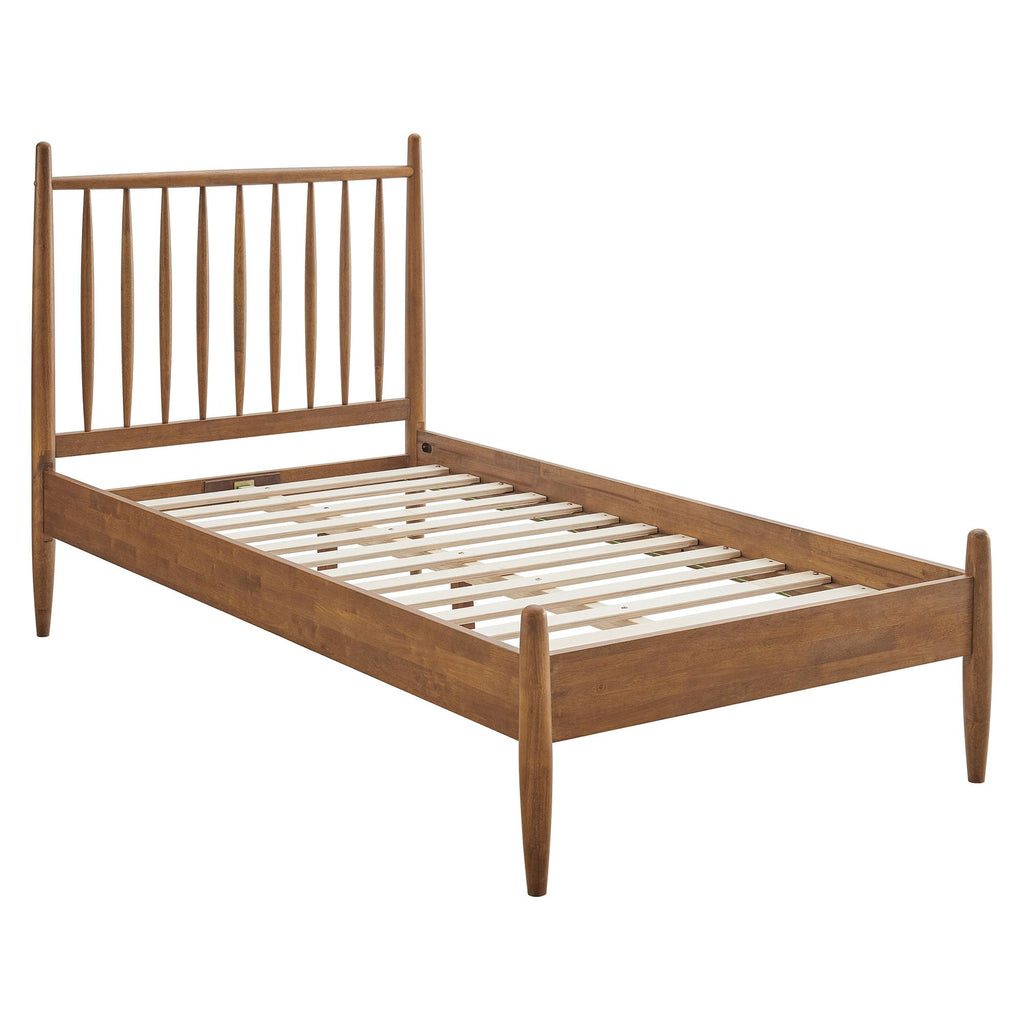 Zane Twin Size Spindle Bed in Walnut - Solid Wood Platform Bed Frame with Headboard, No Box Spring Needed