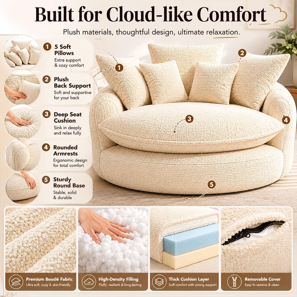 Oversized Round Lounge Chair Indoor, 56" Deep Seat Circle Sofa with Double Armrests & Pillows, Fluffy Cloud Chenille