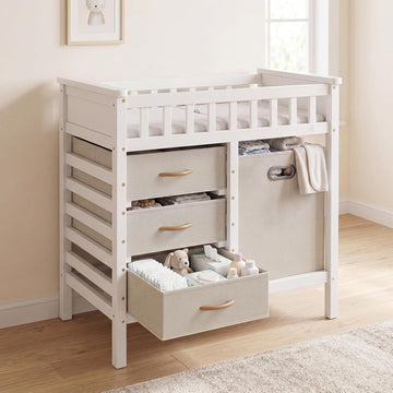 Wooden Baby Changing Table with Comfy Changing Pad, 3 Fabric Drawers, Laundry Hamper, Safety Belt, Diaper Station