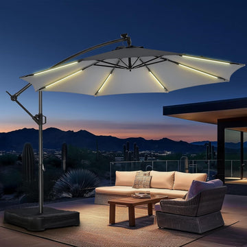 10 ft Offset Patio Umbrella with Solar Lights, LED Lighted Umbrella Outdoor Patio with Base Included
