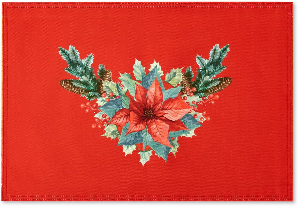 Poinsettia Ribbon Engineered Printed Fabric Christmas Tabletop for Xmas Winter Holiday, Christmas Time - 13 x 19