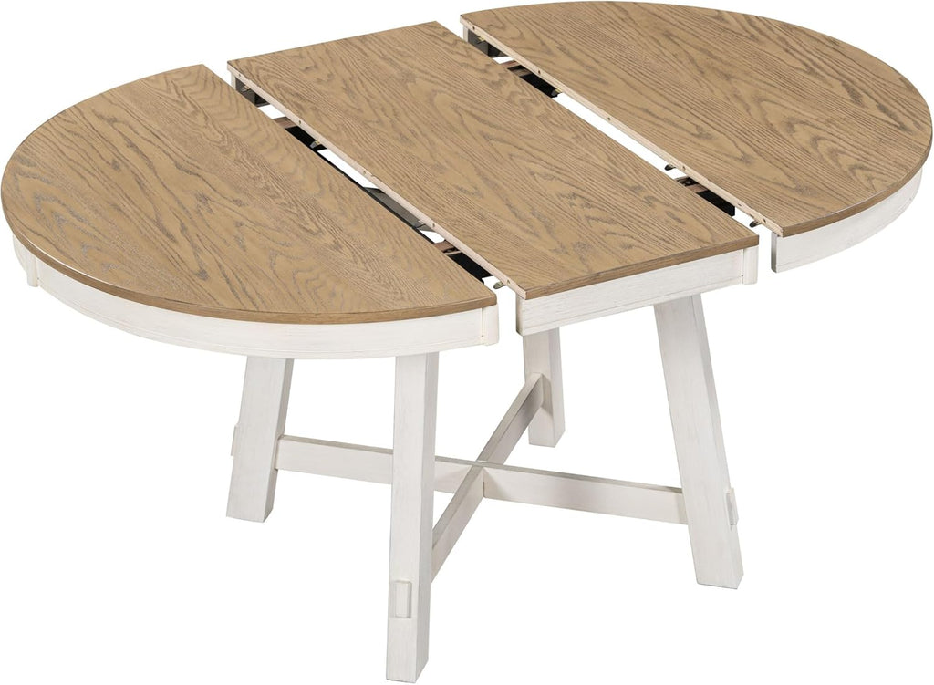42"-58" Farmhouse Extendable Dining Table for 4-6, Solid Wood Round Dining Table with 16" Leaf & X-Shaped Base