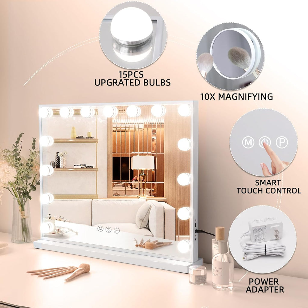 Vanity Mirror with Lights 22.8"x 18.1" Makeup Mirror with Lights and 15 Dimmable Bulbs,3 Colors Modes,Hollywood Mirror