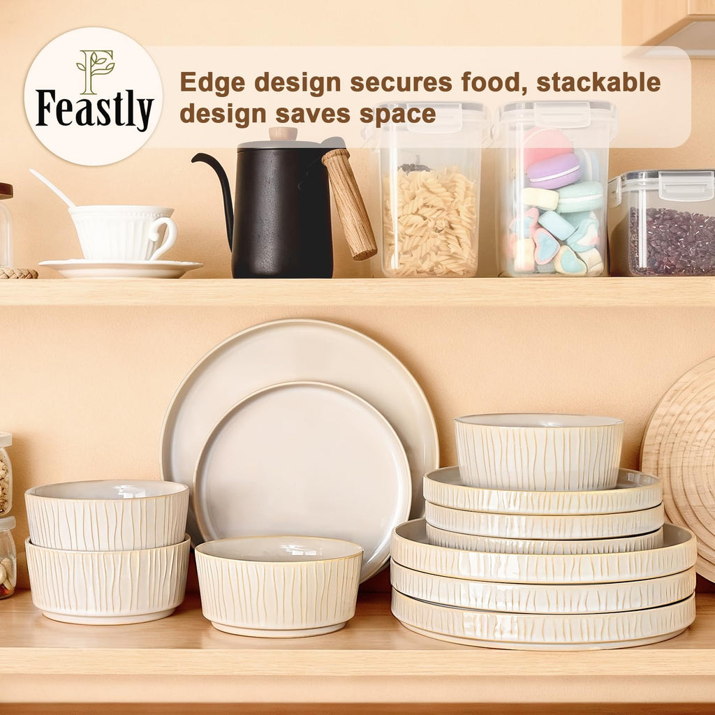 Stoneware Dinnerware Sets for 4, 12 Pcs Ribbed Reactive Glaze Ceramic Plates and Bowls Sets, Chip Resistant