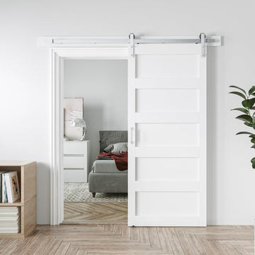 36in x 84in White Sliding Barn Door with 6.6ft Brushed Nickel Hardware Kit & Handle - 5-Panel, Water-Proof PVC