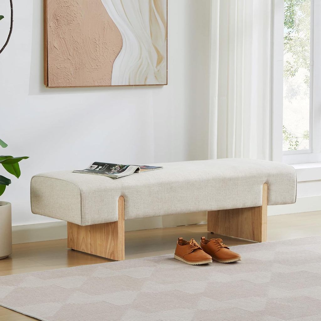 55'' Upholstered End of Bed Bench, Linen Entryway Bench with Solid Wood Legs, Farmhouse Wooden Dining Room Bench