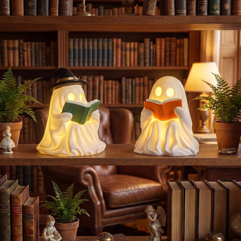 Halloween Decorations Indoor - Light Up Reading Ghost Couple - Set of 2