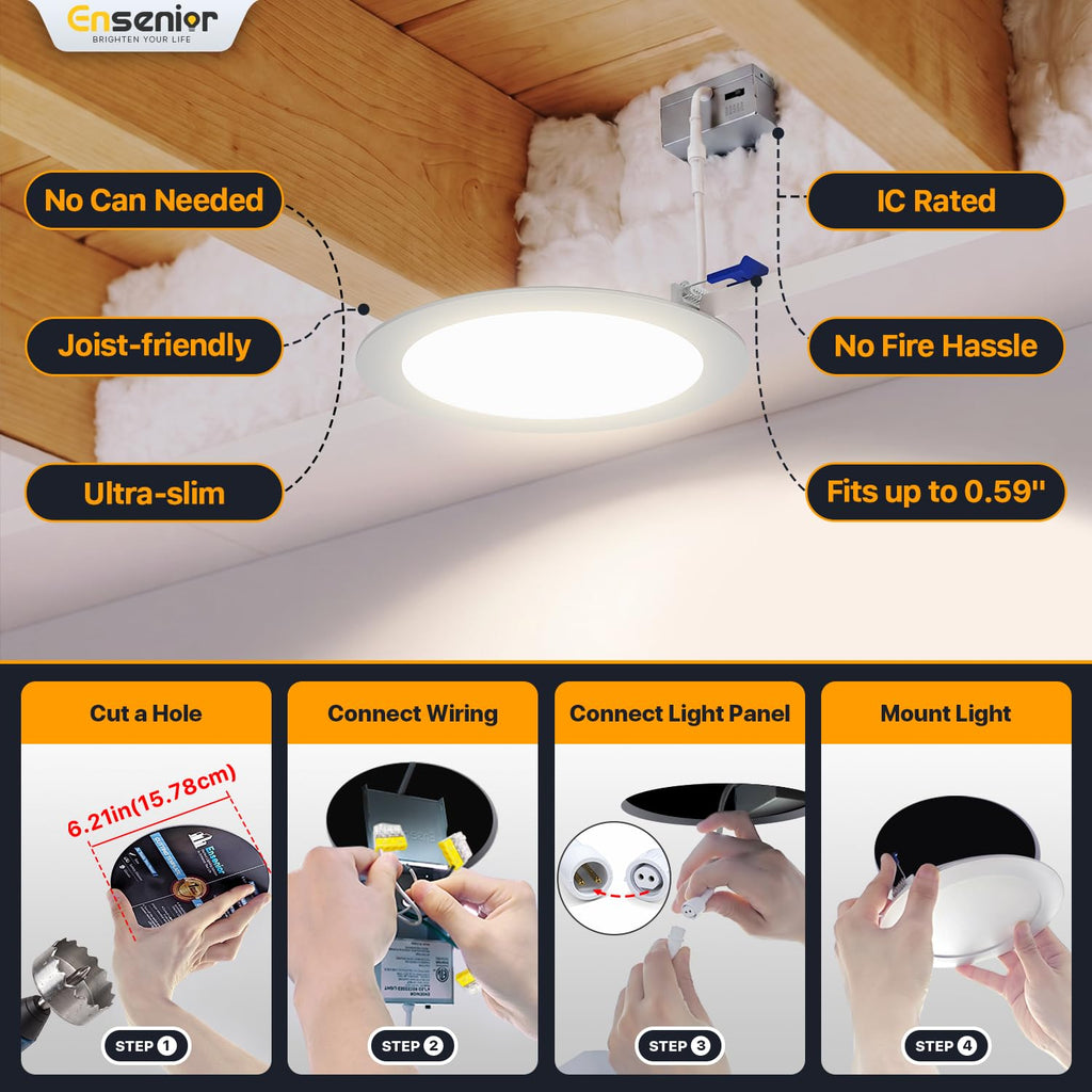 24 Pack 6 Inch LED Recessed Light, 6000K Dimmable Canless Wafer