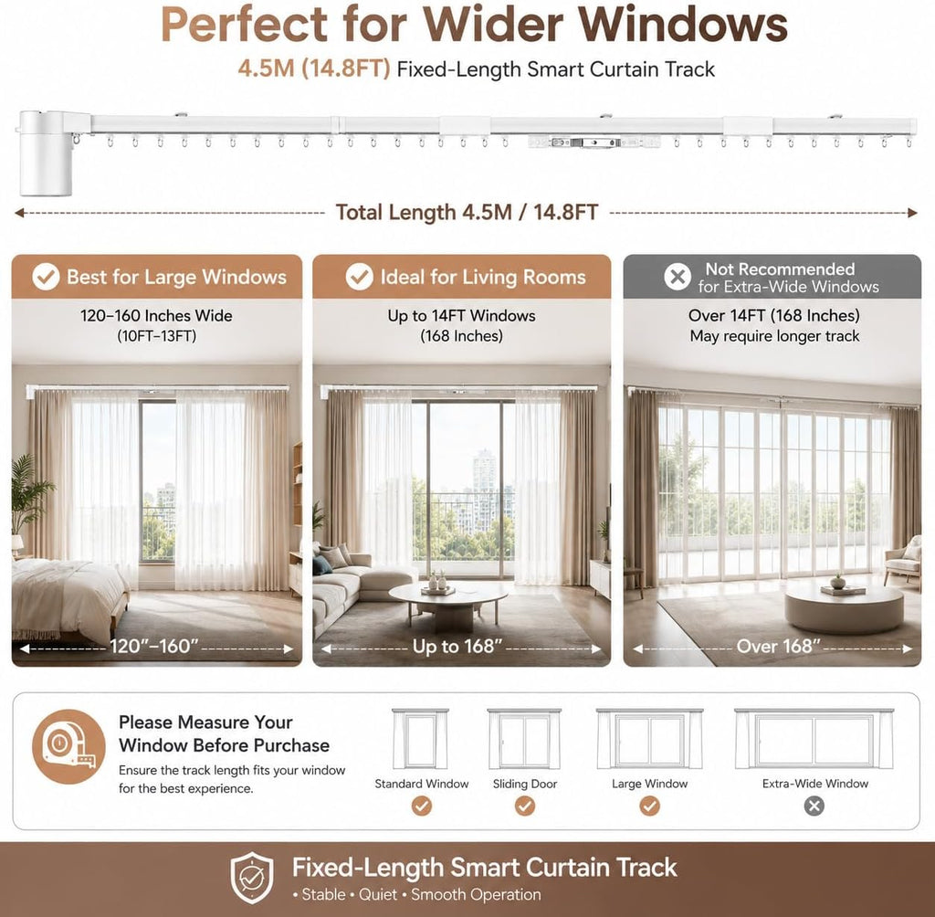 Smart Electric Curtain Track, 177" Motorized Curtain Rail with APP & Remote Control, Ultra Quiet Automatic Smart Home