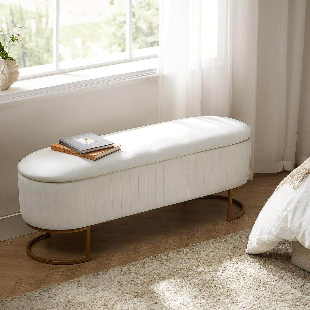 50.5" Velvet Storage Ottoman Bench with Gold-Toned Legs, Luxury Upholstered End of Bed Multi-Functional Footrest &