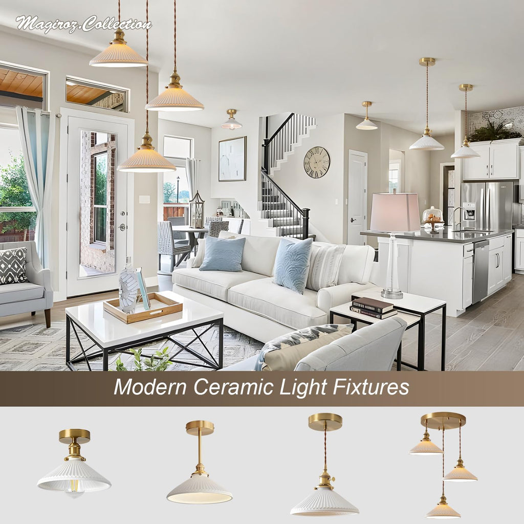 Pendant Light 2-Pack, Gold & Ceramic Shade for Kitchen Island, 8.7" | White ceramic shade, kitchen island dining