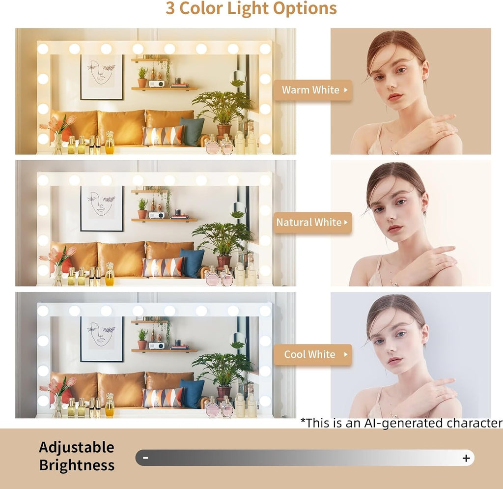 Vanity with Lighted Mirror - 46" Makeup Vanity Desk with Glass Top | Makeup Table with 11 Drawers, 3 Color Lighting