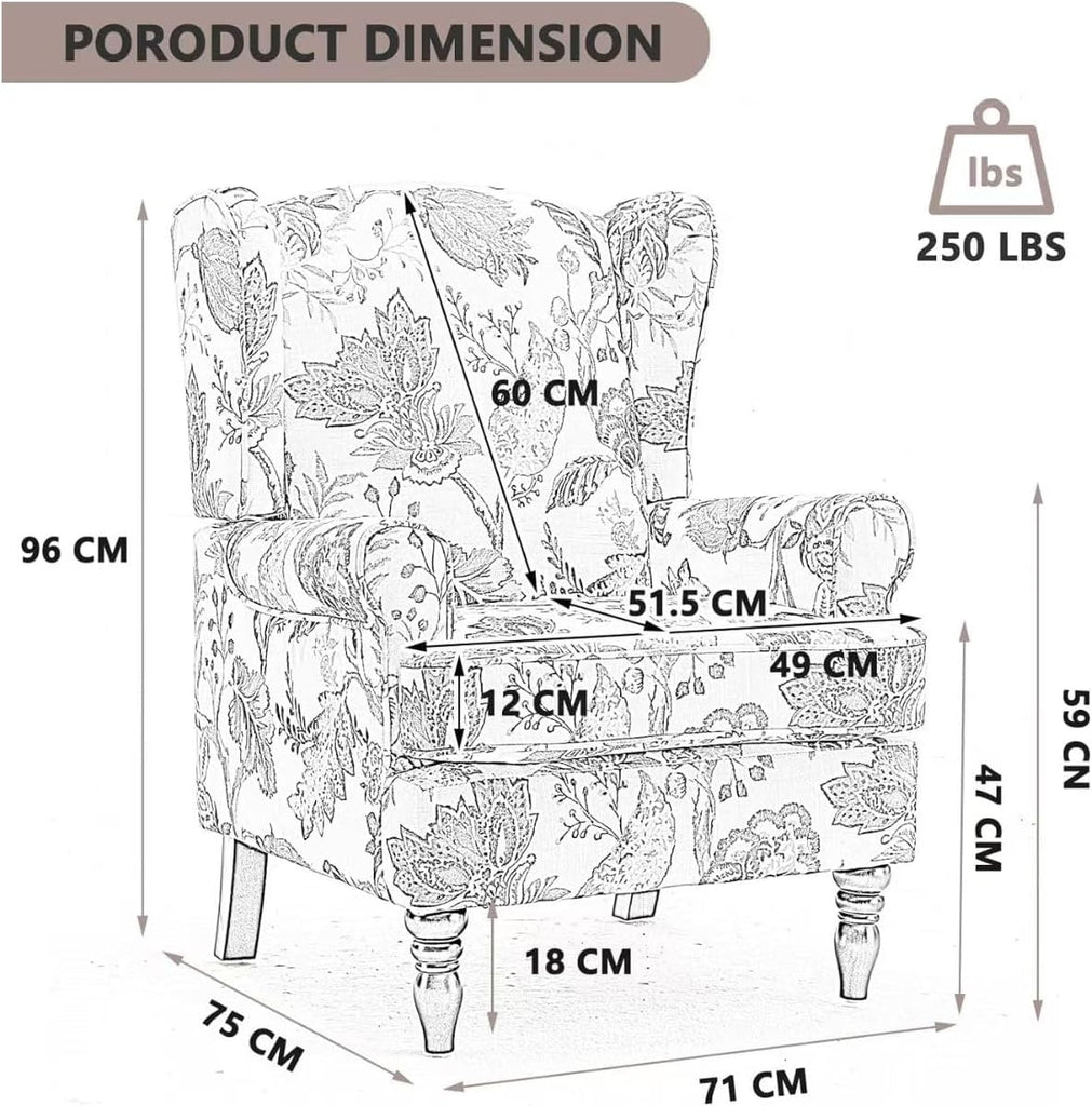 Striped Wingback Accent Chair with Wood Legs, Upholstered Armchair | Striped wingback accent chair with foam