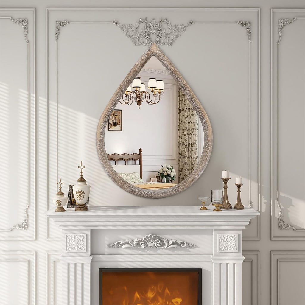 Rustic Farmhouse Wall Mounted Mirror Solid Wood Frame Teardrop Mirrors Wall Decorative Mirror Entryway Living Room
