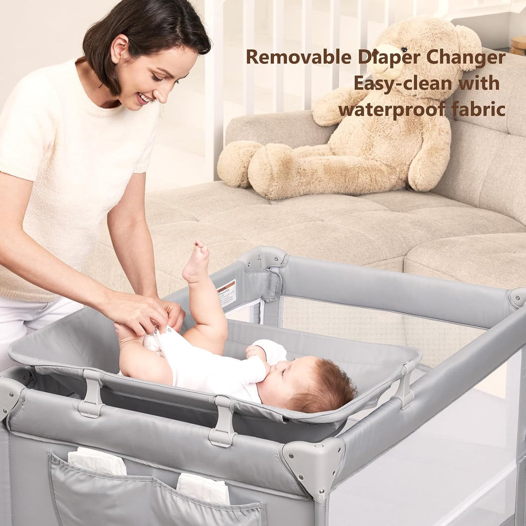 Pack and Play, Baby Bassinet Bedside Crib with Changer, Grey | One-push setup, mattress, breathable mesh, adjustable