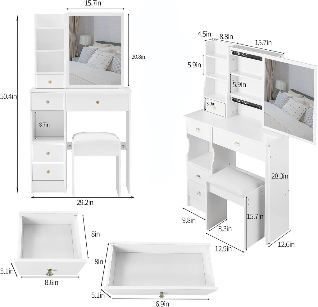 29.2" Small Space Makeup Vanity Table with Stool, Sliding Large Mirror Dressing Desk with Drawer Storage, Compact