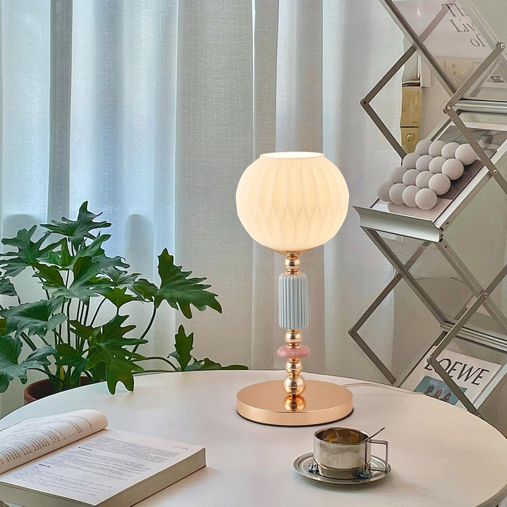 Modern Milk White Glass Table Lamp Bedside Nightstand Lamp Metal Desk Light with Plug Cord Switch Living Room Dining