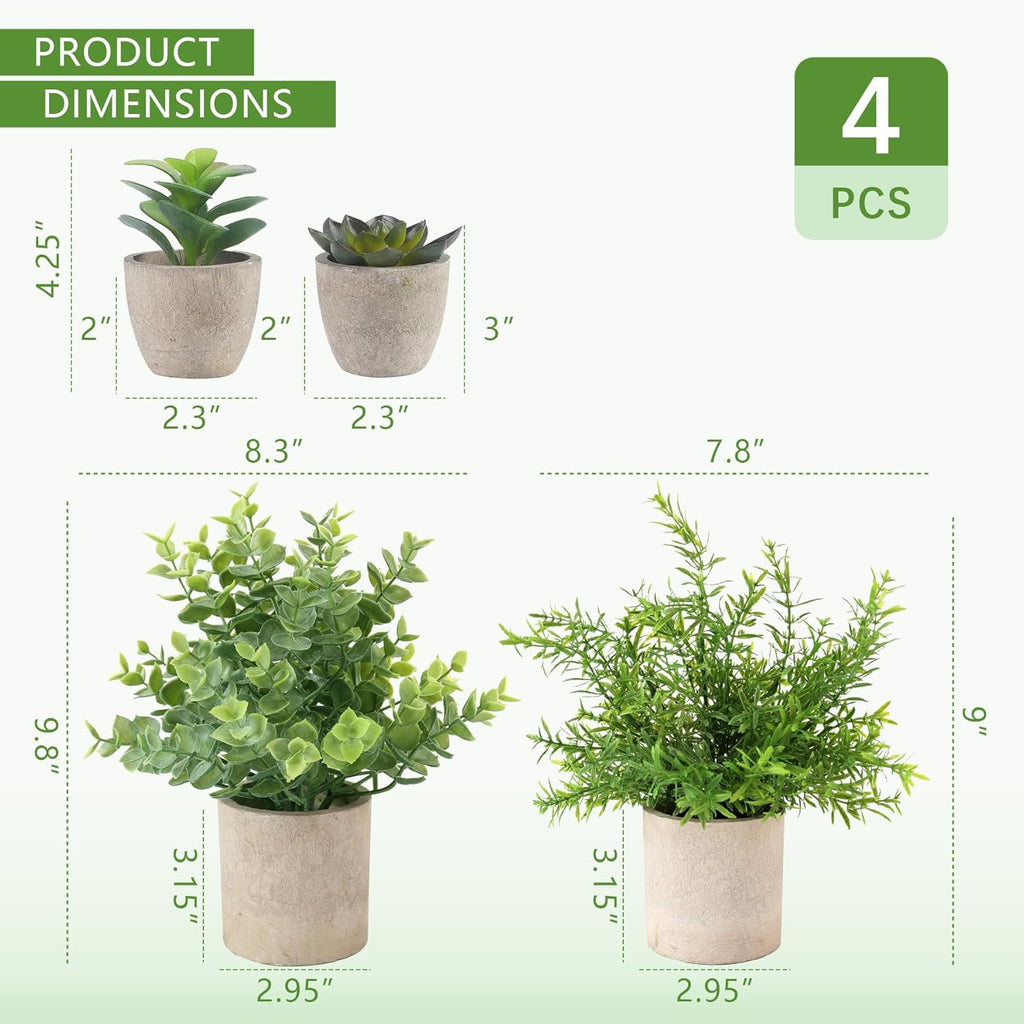 4 Pack Small Fake Plants, 10" Artificial Plants Indoor Eucalyptus/Rosemary/Succulents, Small Faux Plants in Pulp Pot