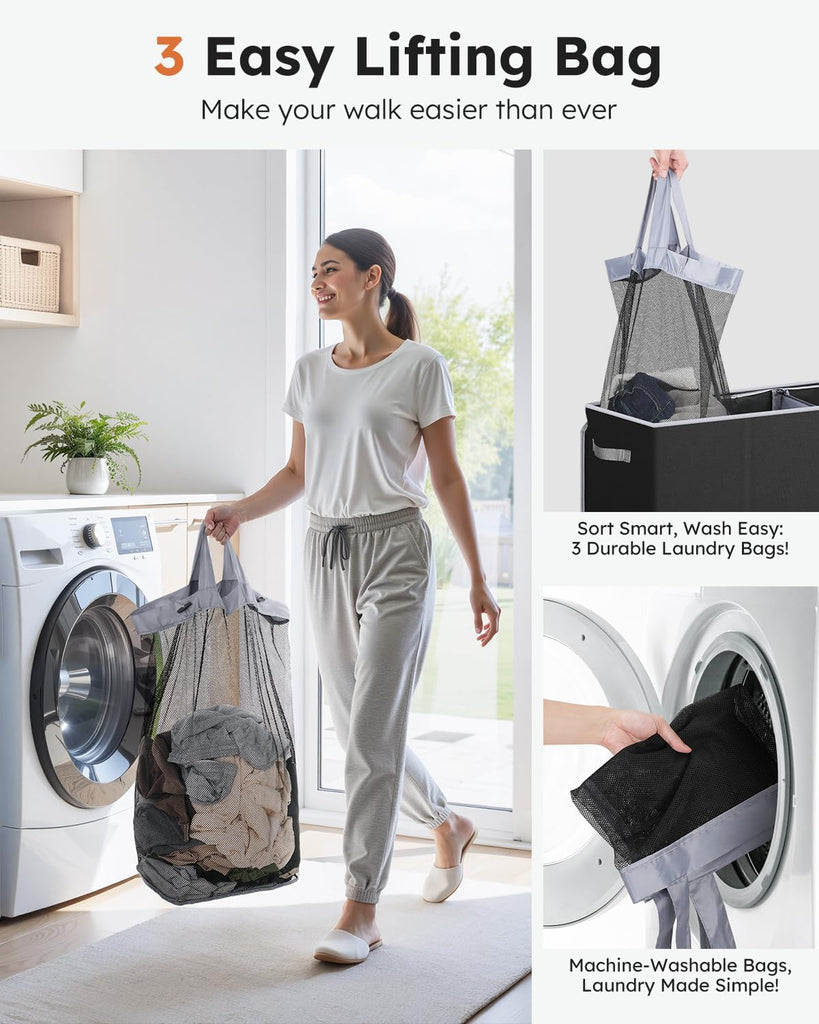 180L Laundry Hamper 3 Section, Extra Large Laundry Hamper with Lid, Dirty Clothes Hamper with Sturdy Handle, Large