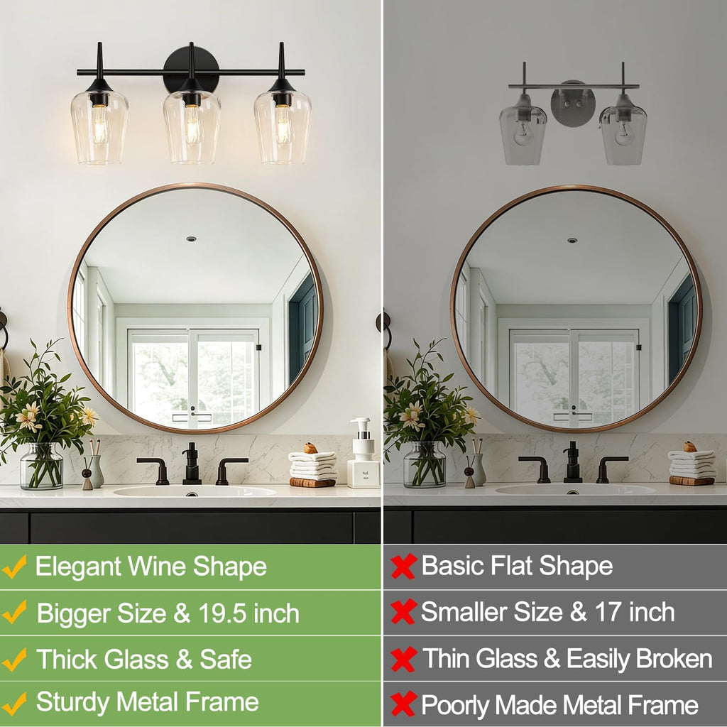 3-Light Bathroom Light Fixtures, Black Vanity Lights with Clear Glass, 19.5 Inch Bathroom Lighting Fixtures Over