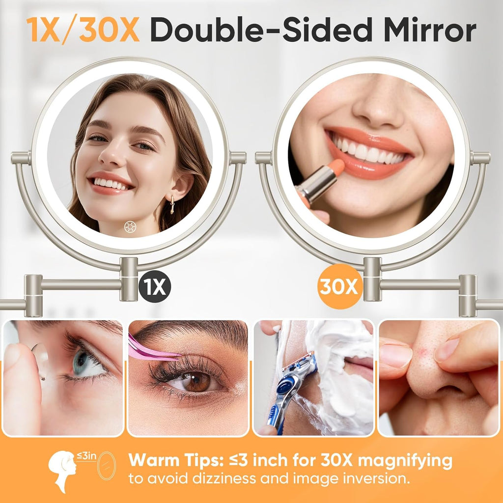 Plug in Wall Mounted Lighted Makeup Mirror 1X/30X Magnifying, AC Powered Double-Sided Magnification