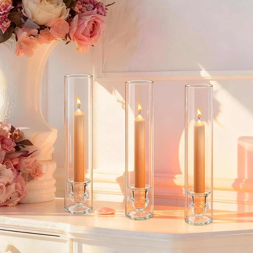 12 Sets Glass Hurricane Candle Holders - 12.6" Glass Candlestick Holders with Clear Tall Cylinder Candle Sleeves for