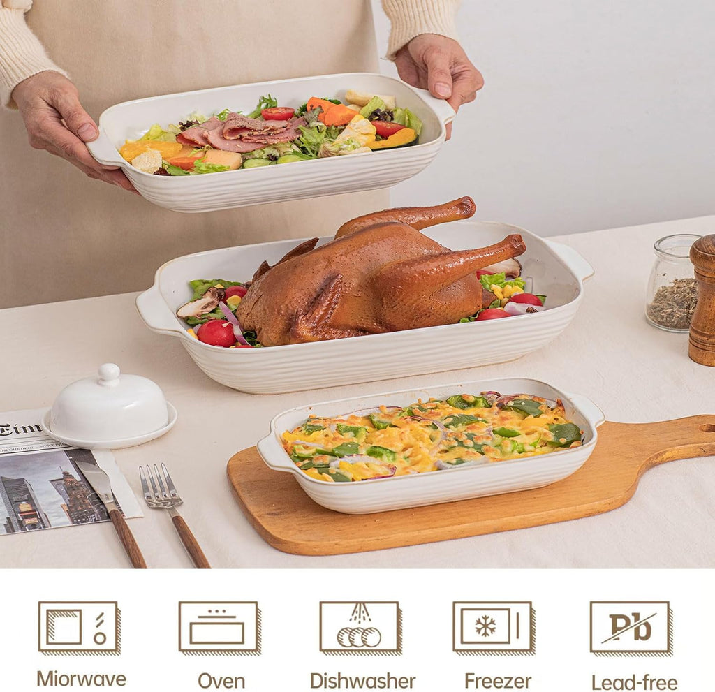 Dish for Oven, Ceramic Casserole Dishes Set for 3, Rectangular Lasagna Pan Deep, Pans with Handle, 12.9"/10.8"/8.4"