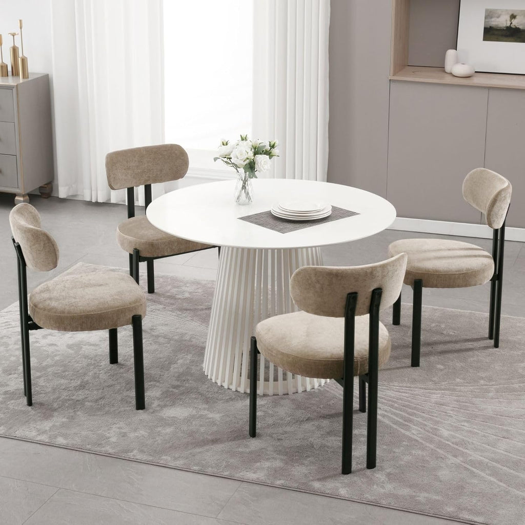 Chenille Dining Chairs Set of 2, Modern Curved Back Armless Kitchen Chairs with Black Metal Legs Upholstered Dining Room Chairs Reception Chairs for Living Room Office Restaurant, Khaki