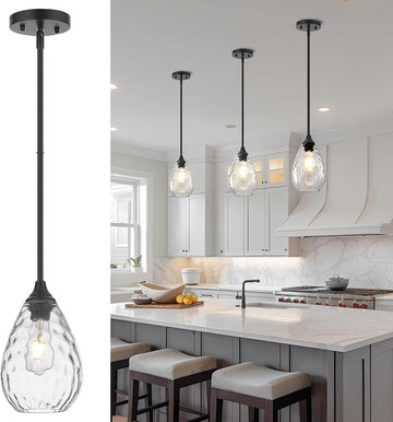 Glass Pendant Lights Kitchen Island, 1-Light Modern Black Pendant Light Fixtures with Hammered Glass and Rods, Small